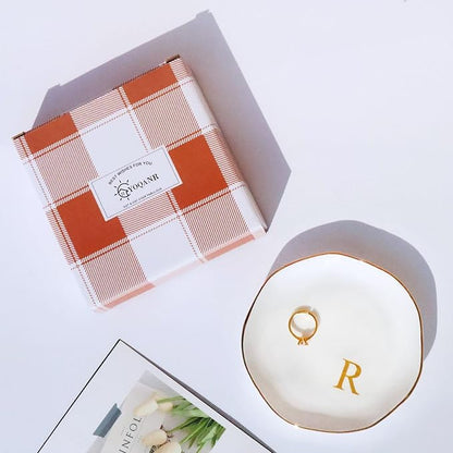 Ceramic Jewelry Tray Initial Ring Dish Personalized R-Monogrammed Engagement Wedding Gifts, for Birthday Mother's Day Christmas for Women, Ceramic White 4.75" (R)