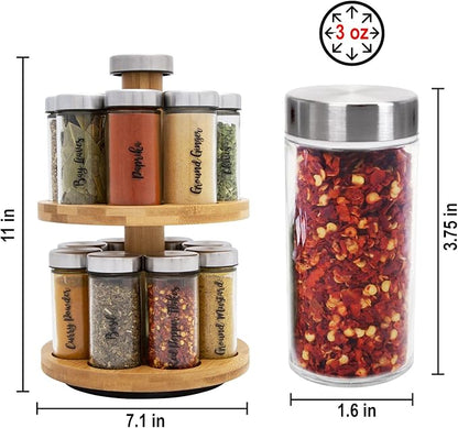 Orii 16 Jar Spice Rack with Spices Included - Rotating Countertop 2 Tier Tower Organizer for Kitchen Spices and Seasonings, (Bamboo Wood)