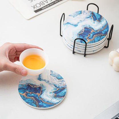 Ceramic Drink Coasters Set of 6 with Holder, Modern Marble Absorbent Ceramic Coasters, Round Ceramic Table Coasters for Home Decor Coffee Kitchen (4 Inches), Sky Blue