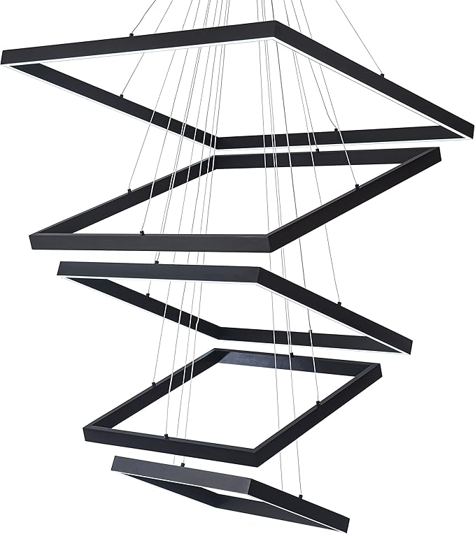 Square Led Chandelier Modern Hanging Light 5-Rings Contemporary Ceiling Pendant Light Dimmable Pendant Light for Living Room Kitchen Dining Room 15.7"+19.6"+23.6"+27.5"+31.4" Black 110V 180W