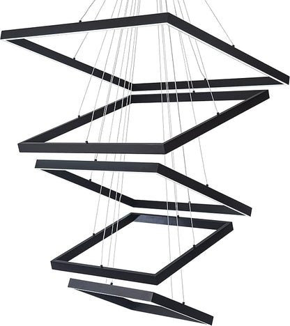 Square Led Chandelier Modern Hanging Light 5-Rings Contemporary Ceiling Pendant Light Dimmable Pendant Light for Living Room Kitchen Dining Room 15.7"+19.6"+23.6"+27.5"+31.4" Black 110V 180W