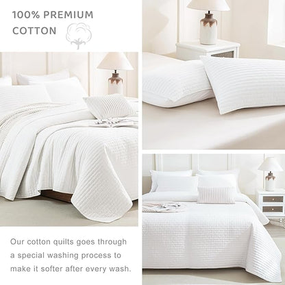 Sanracie Stonewashed Oversized King Bedspread(128"x120"), Cotton Milk White Extra Large Wide Oversized Quilt Coverlet Cross Stitch Soft Lightweight 3Pcs Crinkle Bed Coverlet Set