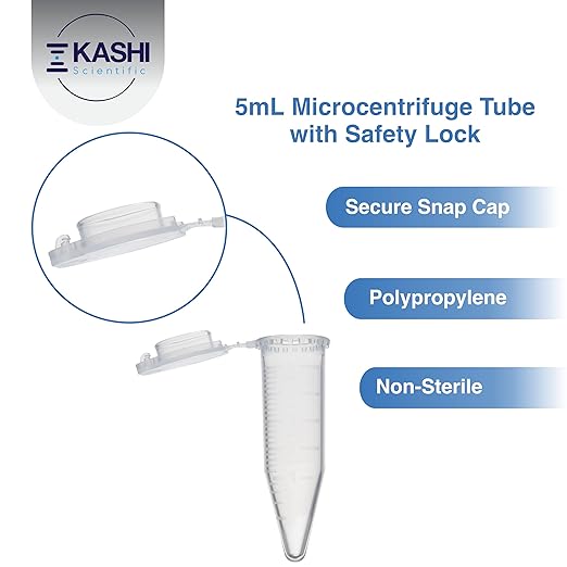 Kashi Scientific 5mL Clear Flip Cap Centrifuge Tube with Safety Lock Cap, Graduation and Marking Spot, Lab-Grade Polypropylene Plastic [5mL, 300]