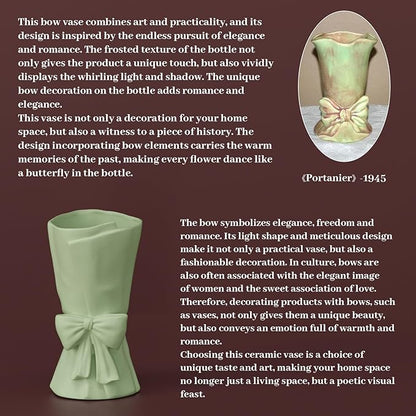 Green Ceramic Bow Vase 9.64 in Unique Cute Modern Decorative Bouquet Flower Vases for Home Living Room Table Decor Women Girl Gifts