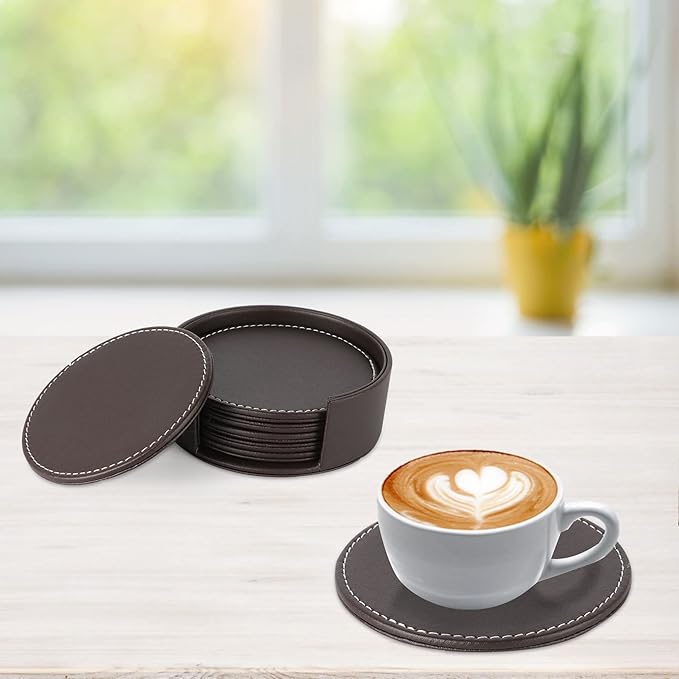 Leather Coasters for Drinks(6 Pack), Handmade Durable Drink Coasters Set with Holder for Tabletop Protection, Luxurious Home Décor and Housewarming Gift (Brown)