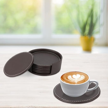 Leather Coasters for Drinks(6 Pack), Handmade Durable Drink Coasters Set with Holder for Tabletop Protection, Luxurious Home Décor and Housewarming Gift (Brown)