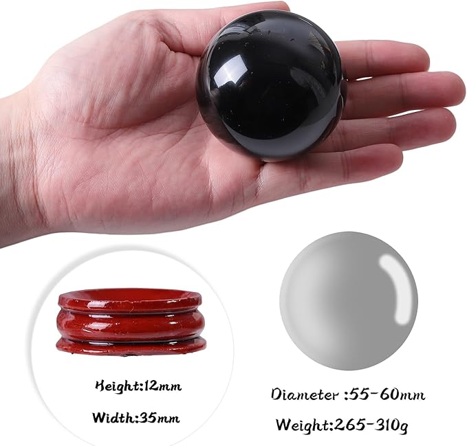 50mm Natural Black Obsidian Stone Sphere with Wooden Stand, Polished Crystal Ball Decoration for Home & Office