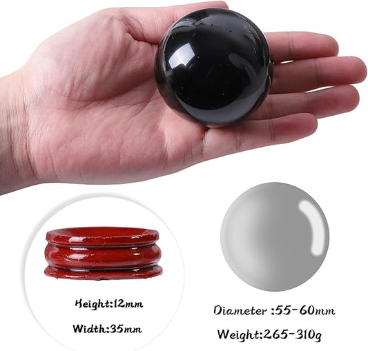 Sportmusies Natural Black Obsidian Stone Sphere with Wooden Stand, Polished Crystal Ball Decoration for Home & Office