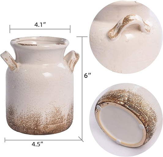 Quoowiit Ceramic Rustic Farmhouse Vase, Distressed Decorative Flower Vase for Home Decor, Ideal Shelf Decor, White Boho Vase for Living Room Bedroom Kitchen Office Decor Centerpiece Table Decorations