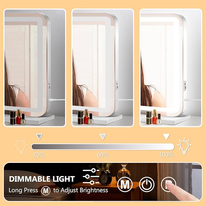 23" x 18" Vanity Mirror with Lights, Led Lighted Makeup Mirror with 3 Color Dimmable Lights, Touch Control, USB Charging Port, Gifts for Women Wife Teengirls