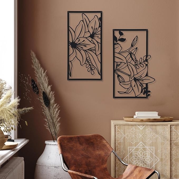 Therwen 3 Pcs Black Metal Wall Art Minimalist Wall Decor for Bedroom Flowers Decor Hanging Flower Bathroom Art Flower Line Sculpture Kitchen Decoration 16.5 x 9.8 Inch(Classic Style)