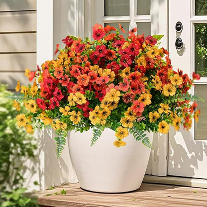 Artificial Fake Flowers Plants for Outdoor,18 Bundles Faux Plants Outside No Fade Plastic UV Resistant for Front Door Porch Patio Balcony Garden Yard Decorations