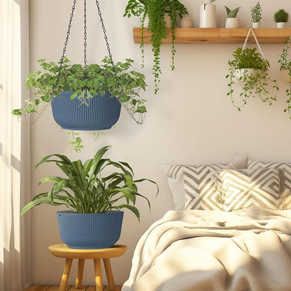 T4U 10 Inch Hanging Planters for Indoor Outdoor Plants, Hanging Baskets for Plants Pack of 2, Self Watering Hanging Pots with Drainage Hole for Garden Home Decor, Blue