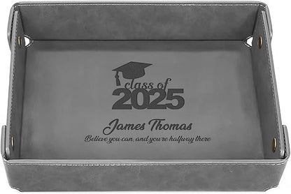 Engraved PU Leather Valet Tray – Personalized Catchall with Custom Name for Desk, Dresser, or Nightstand – Compact Organizer for Keys, Wallet, Jewelry – Graduation Gift for Him or Her – Grey