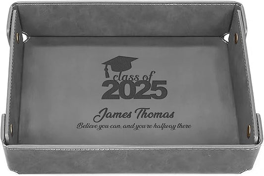 Engraved PU Leather Valet Tray – Personalized Catchall with Custom Name for Desk, Dresser, or Nightstand – Compact Organizer for Keys, Wallet, Jewelry – Graduation Gift for Him or Her – Grey