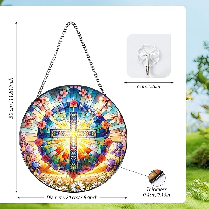 Rngmsi Stained Glass Window Hanging, 7.8″ Cross and Flower Sun Catchers with Hook Indoor Window Decor, Decorative Suncatchers Hanging Ornaments Home Garden Art Gift for Housewarming