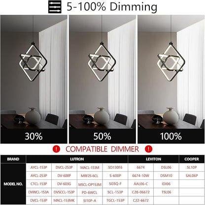 Modern LED Pendant Lights Plated Black Rectangular Pendant Light Fixtures 4000K 35W Dimmable Pendant Lighting for Dining Room Kitchen Island Bedroom Living Room Foyer（3-Ring）