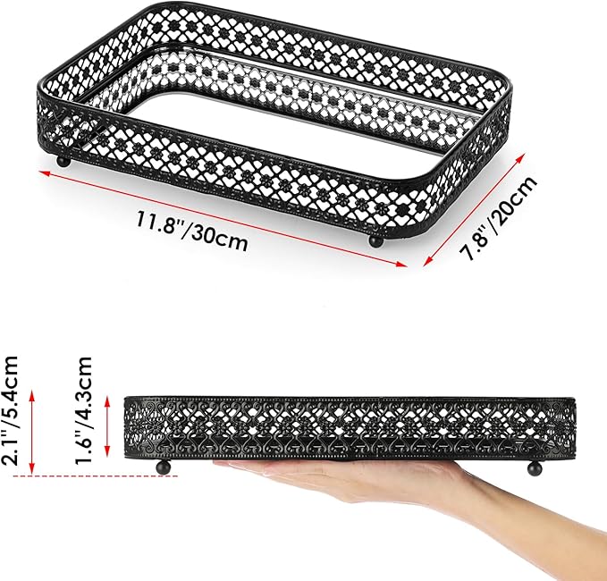 ELLDOO Black Perfume & Makeup Vanity Tray - Hollow-Carved Jewelry Storage, Glass & Metal Trinket Organizer for Dresser & Bathroom Countertop, Medium Size
