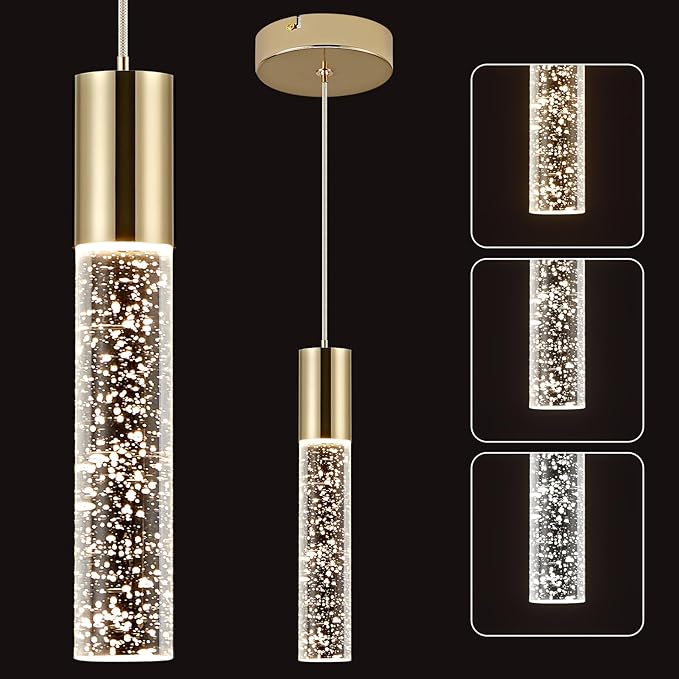 OKELI Modern Pendant Light,3 Color LED Bubble Crystal Island Light Fixtures,Gold Mini 3CCT Pendant Lighting for Kitchen Island,Bar,6W,3000-6000K,ETL