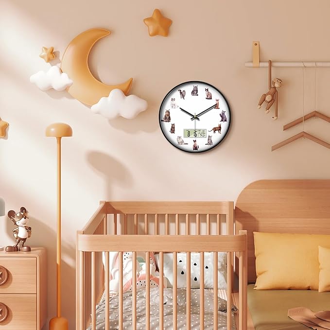Large Display Modern LCD Clock with Calendar and Date Temperature Funny Cats Silent Battery Operated Digital Wall Clocks Non-Ticking Clock for Bathroom Kitchen Bedroom Living Room Decor 14 Inch