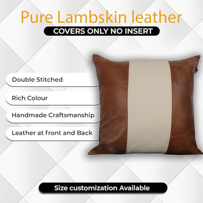 LL LEATHER LOVERS Lambskin Leather Pillow Cover - Sofa Cushion Case - Decorative Throw Covers for Living Room & Bedroom, 20x20 Inches - Tan & Off-White Pack of 2