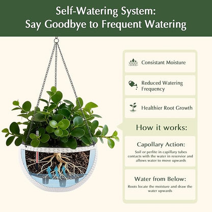 13.5 inch 2Pack Large Hanging Planters for Outdoor/Indoor Plants, Self Watering Hanging Pot with Water Level Indicato, Drainage Holes and Chain for Garden Porch, White