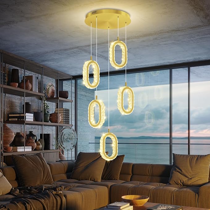 Dimmable 5-Light Oval Ring Chandelier for Dining Room, Gold Ring Pendant Light for Kitchen Island,Hallway, Entryway, Passway, Bedroom, Balcony Living Room