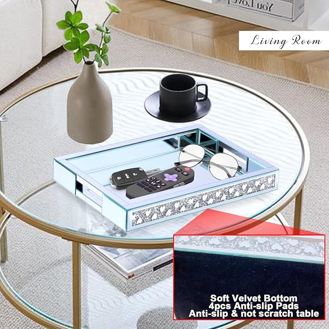 Crush Diamond Mirror Perfume Tray, Silver Glass Mirror Trays for Vanity, Heart Pattern Table Trays Decorative, Vanity Trays for Bedroom Dresser Bathroom(15”x11”x2”)