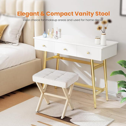 Sweetcrispy Vanity Stool Ottoman, Square Linen Makeup Stool Metal X Legs, Small Footstool Chair for Vanity, Modern Padded Seat Foot Rest for Makeup Room, Bathroom,Living Room, Entryway, Beige
