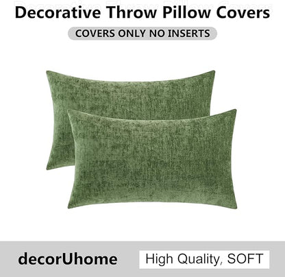 decorUhome Chenille Olive Green Throw Pillow Covers 12x20 Inch Set of 2, Decorative Soft Couch Pillow Covers Solid Dyed Accent Velvet Farmhouse Neutral Rectangle Pillow Cases for Sofa Bed Living Room