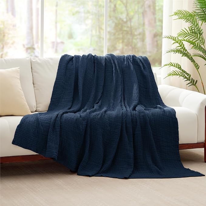 100% Cotton Muslin Blanket 40" x 40", Breathable and Lightweight Cotton Throw Blankets, Soft Cooling Summer Gauze Blanket for All Season, Navy Blue