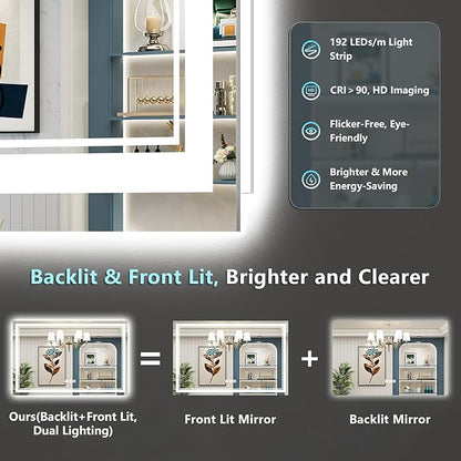 55x40 LED Bathroom Mirror with Lights, Backlit and Front Lit, Anti-Fog Lighted Vanity Mirrors for Bathroom Wall, Dimmable, 3-Color Light, Memory, Shatter-Proof, HD Tempered Glass, CRI＞90