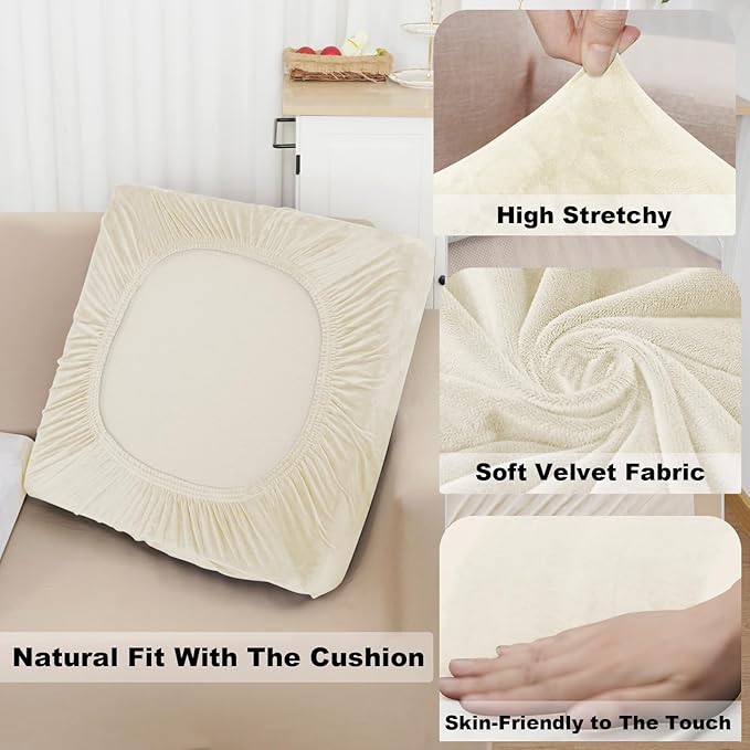 NAISI Sectional Couch Cover 3 Pieces Velvet Separate Couch Cushion Covers L Shape Soft Stretch Sofa Slipcovers with 2pcs Pillowcases for Left/Right Chaise Sectional Couch(2 Seater+1 Chaise,Cream)