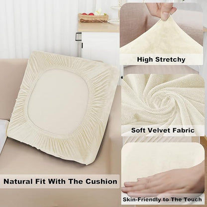 NAISI Sectional Couch Cover 4 Pieces Velvet Separate Couch Cushion Covers L Shape Soft Stretch Sofa Slipcovers with 2pcs Pillowcases for Left/Right Chaise Sectional Couch(3 Seater+1 Chaise,Cream)