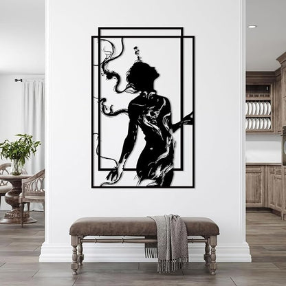 BIANGING Modern Woman Face Metal Wall Decor, Abstract Woman Face Metal Wall Decor, Abstract Female Line Wall Art, Minimalist Line Wall Art for Bathroom Living Room Bedroom (Black, 48"x32"/121x81cm)