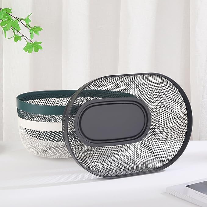 Metal Mesh Steel Basket, Oval Metal Wire Storage Organizer Baskets Multi Functional Kitchen Baskets Countertop Fruit Baskets Garden Harvest Basket for Picnic Decor Cabinet Home, Blackish Green