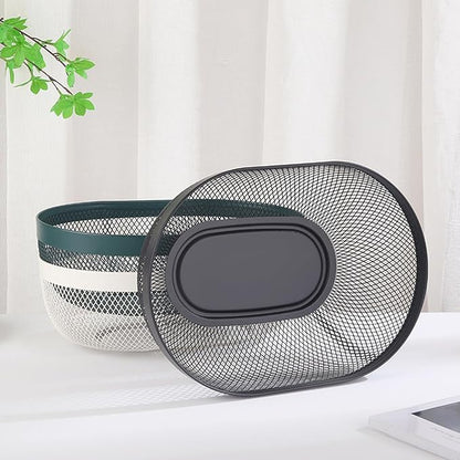 Metal Mesh Steel Basket, Oval Metal Wire Storage Organizer Baskets Multi Functional Kitchen Baskets Countertop Fruit Baskets Garden Harvest Basket for Picnic Decor Cabinet Home, Blackish Green
