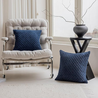Kevin Textile Pack of 2 Corduroy Decorative Throw Pillow Covers 22x22 Inch Soft Boho Striped Pillow Covers Modern Farmhouse Home Decor for Spring Sofa Living Room Couch Bed Navy Blue