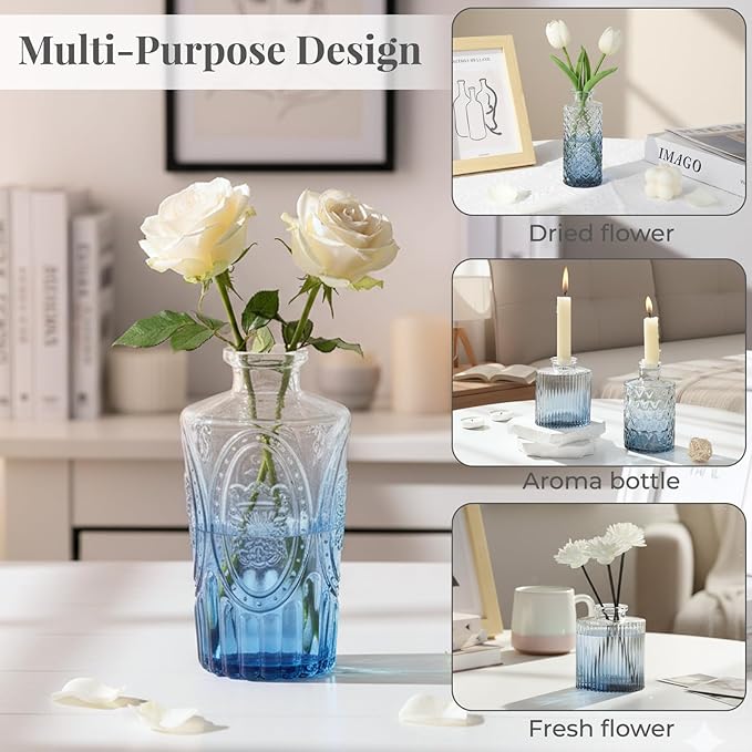 BEAHOT 32 Pack Bud Vase in Bulk,Mini Blue Vintage Glass Flower Vases for Centerpieces,Wedding Decor,Party & Home Decaration,Mother's Day (Blue-Gradient)