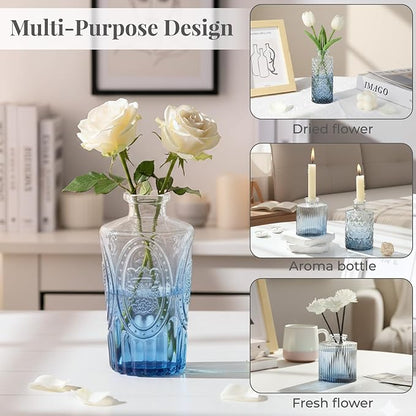 BEAHOT 32 Pack Bud Vase in Bulk,Mini Blue Vintage Glass Flower Vases for Centerpieces,Wedding Decor,Party & Home Decaration,Mother's Day (Blue-Gradient)
