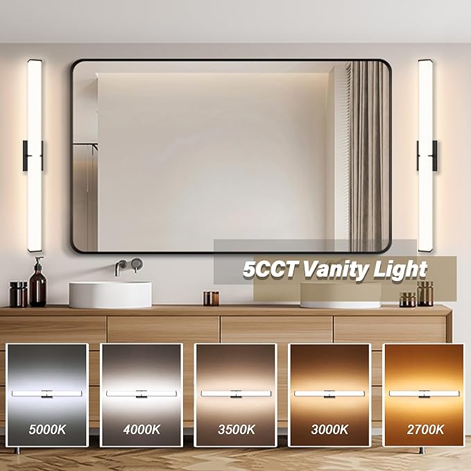 39.96Inch 3600LM Bathroom Light Fixtures 5CCT Optional, Black Modern LED Vanity Light Clear & White Shade, Dimmable Bathroom Lighting Fixtures Over Mirror - ETL Listed