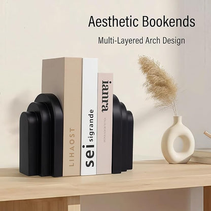 Heavy Duty Book Ends for Shelves, Decorative Bookends for Heavy Books Set of 2, 6.6 LBS Modern Book Stopper for Home Decor, Bookshelf, Aesthetic Bookend with Layered Arch Design, Black