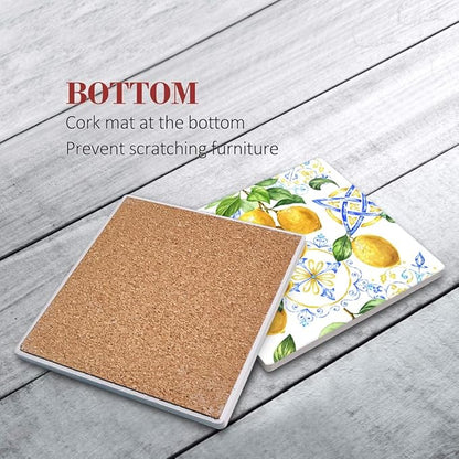 Coasters for Drinks Set of 6, Yellow Lemon Fruit Blue Ceramic Tiles Pattern Absorbent Square Ceramic Stone Mat, with Cork Base and Metal Holder, Gift for Housewarming Room Bar Decor