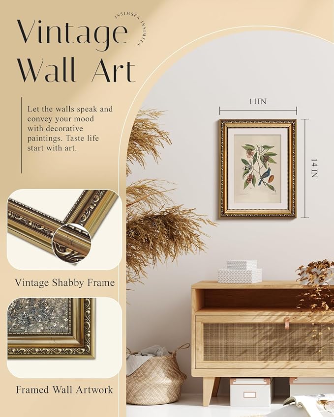 InSimSea Gold Framed Canvas Wall Art Room Decor Botanical Art Home Decoration Vintage Blue Birds Artwork Painting Picture Living Room Wall Decor Animals Artwork for Bathroom Bedroom Kitchen Office