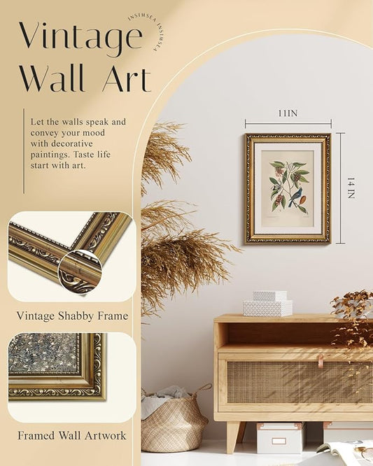 InSimSea Gold Framed Canvas Wall Art Room Decor Botanical Art Home Decoration Vintage Blue Birds Artwork Painting Picture Living Room Wall Decor Animals Artwork for Bathroom Bedroom Kitchen Office