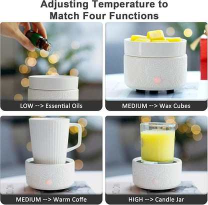 Candle Wax Melts Warmer Burner - Ceramic Essential Oil Warmer 3-in-1 candle warmer Timer Adjust Fragrance Intensity Auto Shut Off for Scented Wax Tart Cube Aromatherapy Home Office Bedroom Decor Gifts