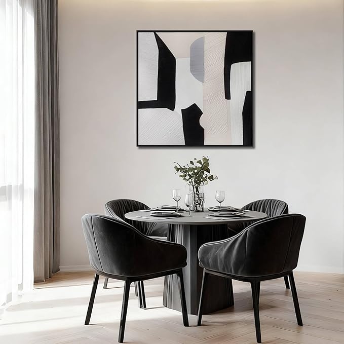LEVERUP Black and White Square Geometric Pattern Wall Artwork Modern Painting Posters Abstract Wall Decor for Dining Room Bedroom Kitchen 32×32 Inchs