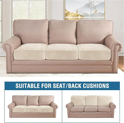 H.VERSAILTEX Velvet Stretch Couch Cushion Cover Plush Cushion Slipcover for Chair Loveseat Sofa Cushion Furniture Protector Seat Cushion Sofa Cover (3 Piece XL Sofa Cushion Covers, Cream)