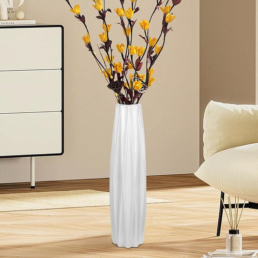 White Ceramic Floor Vase 17.7" – Origami Farmhouse Porcelain Vase for Living Room & Office Décor