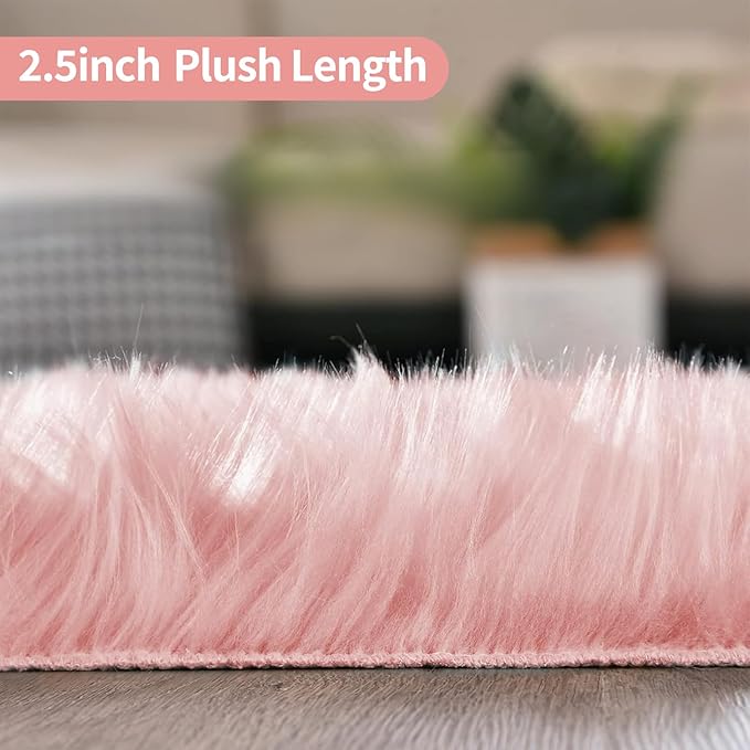 Pink Samll Faux Fur Sheepskin Area Rug for Living Room Bedroom, 2 x 3 Feet Ultra Soft Shaggy Fuzzy Furry Carpet Chair Throw Rugs for Kids, Girls, Nursery Room Decor Dorms